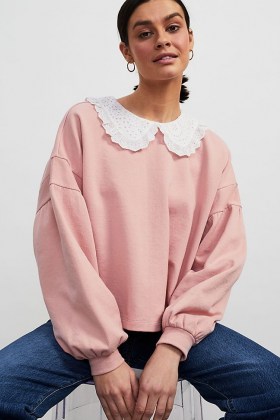 ANTHROPOLOGIE Jessie Frill Collar Sweatshirt ~ pink sweatshirts with oversized broderie anglaise collars - flipped
