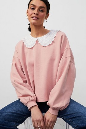 ANTHROPOLOGIE Jessie Frill Collar Sweatshirt ~ pink sweatshirts with oversized broderie anglaise collars