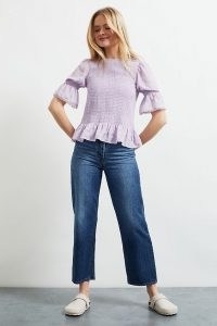 Penny Textured Smocked Blouse ~ lilac ruffle hem top ~ gathered flared sleeve blouses