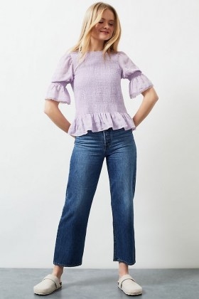Penny Textured Smocked Blouse ~ lilac ruffle hem top ~ gathered flared sleeve blouses - flipped