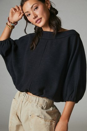 Anthropologie Sandra Boat Neck Top | casual black cotton volume sleeve tops - flipped