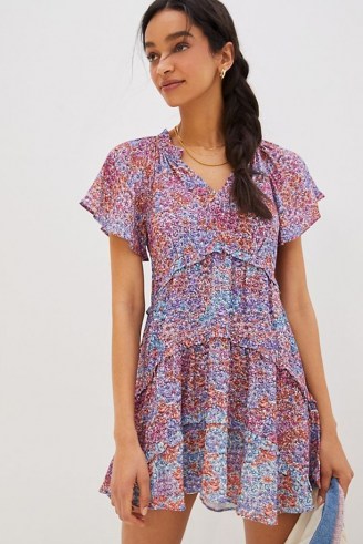 ANTHROPOLOGIE Robin Tiered Mini Dress / floaty floral short sleeve dresses - flipped