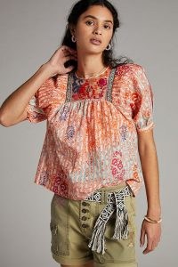 Vineet Bahl Hela Embroidered Blouse Orange Motif / voluminous floral blouses / puff sleeve summer top