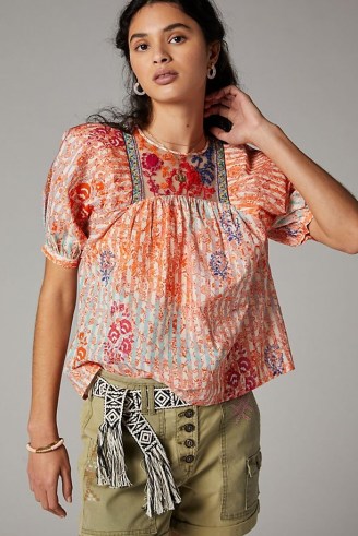 Vineet Bahl Hela Embroidered Blouse Orange Motif / voluminous floral blouses / puff sleeve summer top - flipped