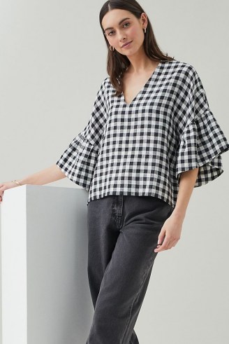 Beaumont Organic Rita-Gee Gingham Linen Blouse / black and white check wide sleeve blouses / monochrome checked V-neck - flipped