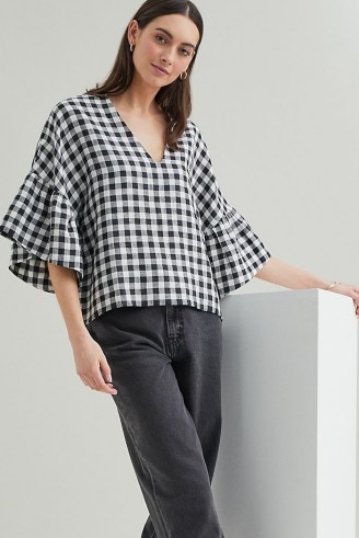 Beaumont Organic Rita-Gee Gingham Linen Blouse / black and white check wide sleeve blouses / monochrome checked V-neck