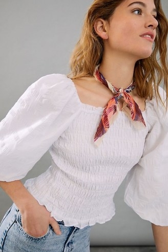 Maeve Bree Smocked Blouse | fitted white balloon sleeve blouses - flipped