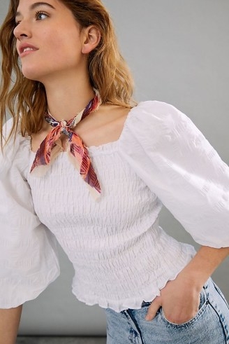 Maeve Bree Smocked Blouse | fitted white balloon sleeve blouses