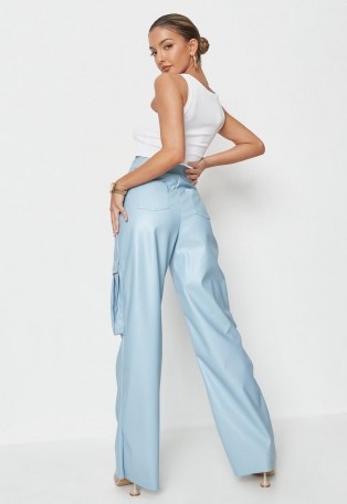 Missguided baby blue faux leather cargo straight trousers – luxe style pants - flipped