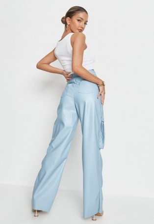 Missguided baby blue faux leather cargo straight trousers – luxe style pants