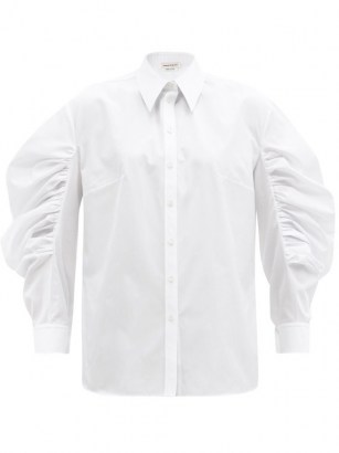 ALEXANDER MCQUEEN Balloon-sleeve cotton-poplin shirt in white ~ wide ruche sleeved shirts
