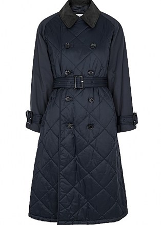 BARBOUR BY ALEXACHUNG Delia navy double-breasted quilted shell coat ~ dark blue belted coats - flipped