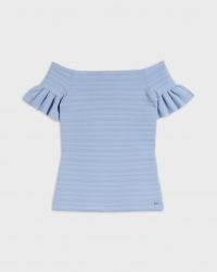 TED BAKER MISTEEY Bardot frill detail knitted top – light blue off the shoulder tops