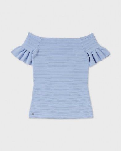 TED BAKER MISTEEY Bardot frill detail knitted top – light blue off the shoulder tops - flipped