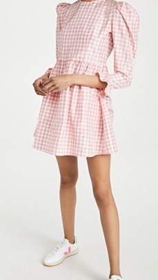 BATSHEVA Collarless Mini Prairie Dress is made from silk taffeta with a pink gingham check print and boasts puff shoulders, 3/4 length sleeves and ruffle detail cuffs. - flipped