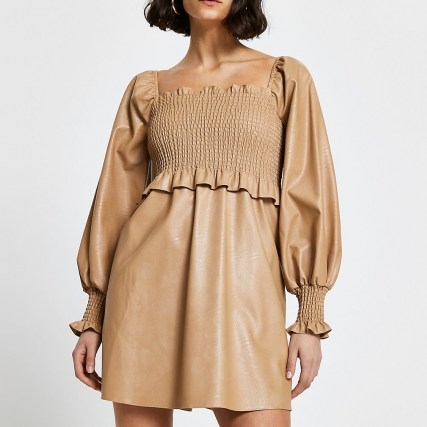 RIVER ISLAND Beige faux leather shirred mini dress – gathered bodice dresses - flipped