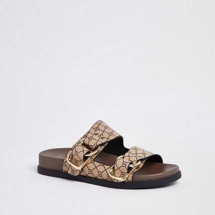 RIVER ISLAND Beige RI monogram double buckle strap sandal ~ chunky strap buckled slides with gold hardware - flipped