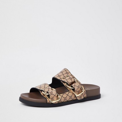 RIVER ISLAND Beige RI monogram double buckle strap sandal ~ chunky strap buckled slides with gold hardware