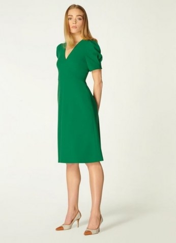 L.K. BENNETT BETTINA GREEN CREPE FIT AND FLARE DRESS / short sleeve dresses - flipped