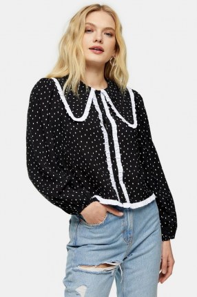 TOPSHOP Black And White Oversized Spot Collar Top / monochrome blouses - flipped