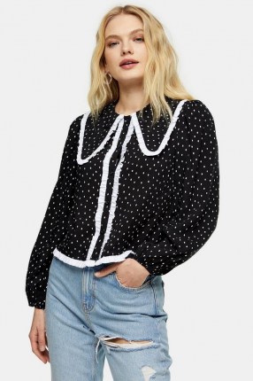 TOPSHOP Black And White Oversized Spot Collar Top / monochrome blouses