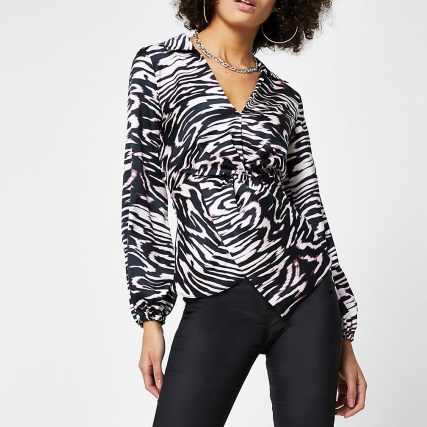 RIVER ISLAND Black animal print twist front shirt / monochrome blouse - flipped