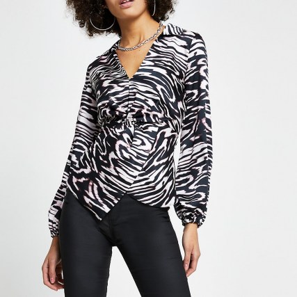 RIVER ISLAND Black animal print twist front shirt / monochrome blouse