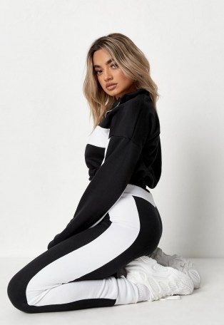 MISSGUIDED black colourblock cropped sweatshirt and joggers co ord set ~ sporty fashion sets ~ loungewear co-ord - flipped
