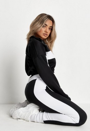 MISSGUIDED black colourblock cropped sweatshirt and joggers co ord set ~ sporty fashion sets ~ loungewear co-ord