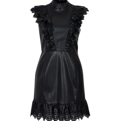 RIVER ISLAND Black faux leather cutwork frill mini dress – frill trim dresses - flipped