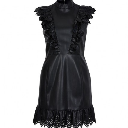 RIVER ISLAND Black faux leather cutwork frill mini dress – frill trim dresses