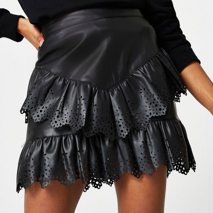 RIVER ISLAND Black faux leather cutwork frill mini skirt – ruffled skirts - flipped