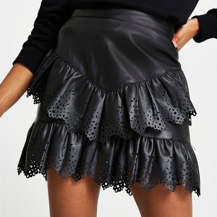 RIVER ISLAND Black faux leather cutwork frill mini skirt – ruffled skirts