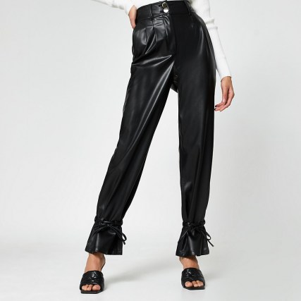 RIVER ISLAND Black faux leather tie bottom trousers – ankle ties - flipped