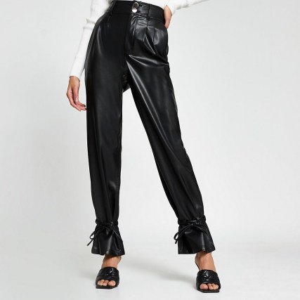 RIVER ISLAND Black faux leather tie bottom trousers – ankle ties