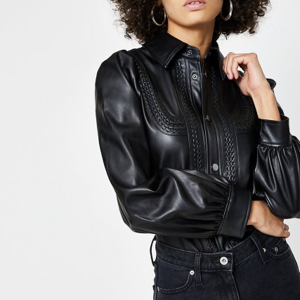 RIVER ISLAND Black faux leather whipstitch overshirt – textured shirts – overshirts - flipped