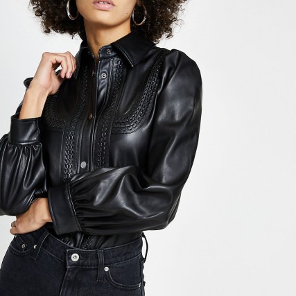 RIVER ISLAND Black faux leather whipstitch overshirt – textured shirts – overshirts