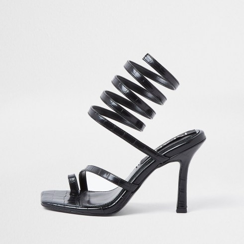 RIVER ISLAND Black heatseal ankle wrap heels – strappy heel sandals - flipped