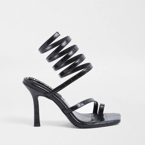 RIVER ISLAND Black heatseal ankle wrap heels – strappy heel sandals