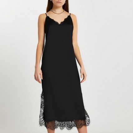 RIVER ISLAND Black lace hem slip midi dress ~ skinny strap cami dresses with scalloped edges and side slit hems - flipped