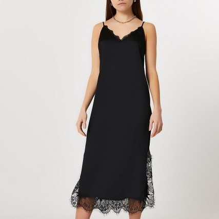 RIVER ISLAND Black lace hem slip midi dress ~ skinny strap cami dresses with scalloped edges and side slit hems
