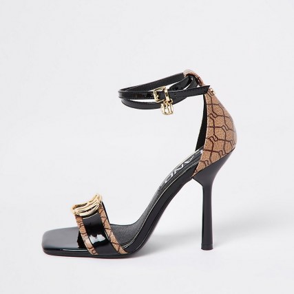 RIVER ISLAND Black RI monogram high heel – logo print heels – anhle strap shoes