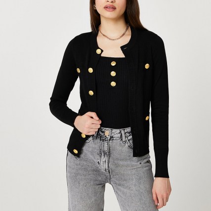 River Island Black ribbed cardigan cami top set | knitted fashion sets - flipped
