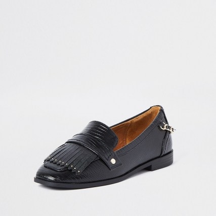 RIVER ISLAND Black wide fit croc fringe detail loafers / chain detailed loafer / crocodile effect - flipped
