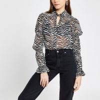 River Island Black zebra print shirred long sleeve shirt