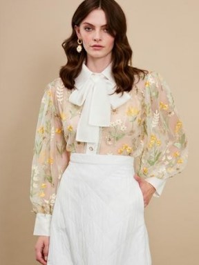 sister jane Carnival Embellished Bow Blouse – sheer floral embroidered blouses – pussy bow - flipped
