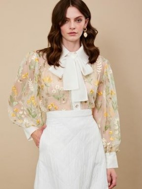sister jane Carnival Embellished Bow Blouse – sheer floral embroidered blouses – pussy bow
