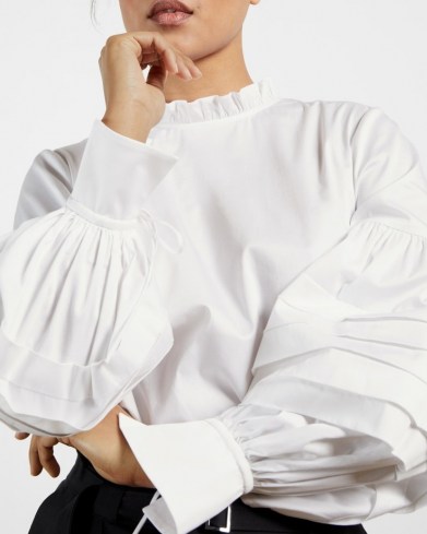 TED BAKER JAICCE Blouson sleeve ruffle neck top – white frill detail tops