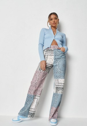 MISSGUIDED blue co ord bandana print colourblock patchwork trousers – mixed paisley and floral prints