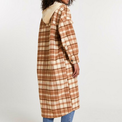 RIVER ISLAND Brown check print hooded longline shacket / checked shackets with hood / long length